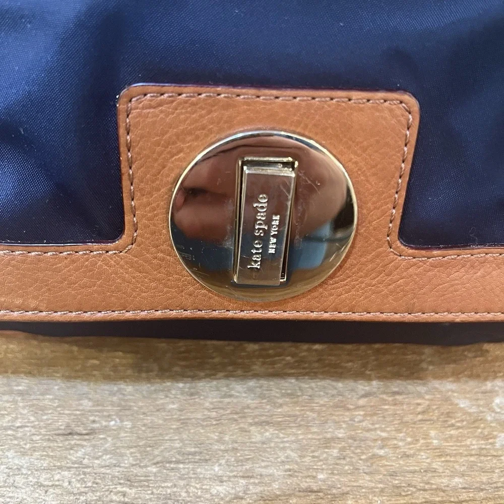 Kate Spade NY Navy Nylon Satchel Brown‎ Leather Trim Mini Bowler Top Handle Bag